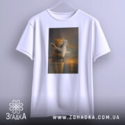 Футболка коти титанік, біла футболка на вішалці, ракурс спереду, фон світло-сірий, принт зображує двох котів, які стоять на борту корабля, один рудий, інший сірий, обидва з закритими очима, насолоджуються моментом.