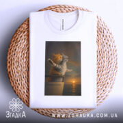 Футболка коти титанік, складена футболка на плетеній кошику, ракурс зверху, фон світло-сірий, принт зображує двох котів на борту корабля, один рудий, інший сірий, коти з закритими очима, на фоні заходу сонця.