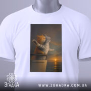 Футболка коти титанік, складена футболка на білому фоні, ракурс зверху, фон світло-сірий, принт зображує двох котів на борту корабля, один рудий, інший сірий, коти з закритими очима, щасливі, на фоні заходу сонця.