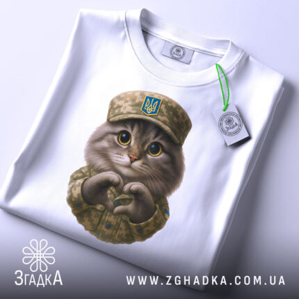 Футболка котик захисник, біла футболка на столі, фон світло-сірий, принт з котиком у військовій формі, на футболці є етикетка.