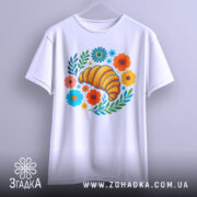 Футболка круасан у квітах, біла, підвішена на вішалці, фон світло-сірий, принт з жовтим круасаном, кольоровими квітами та зеленим листям, видно округлі краї рукавів.