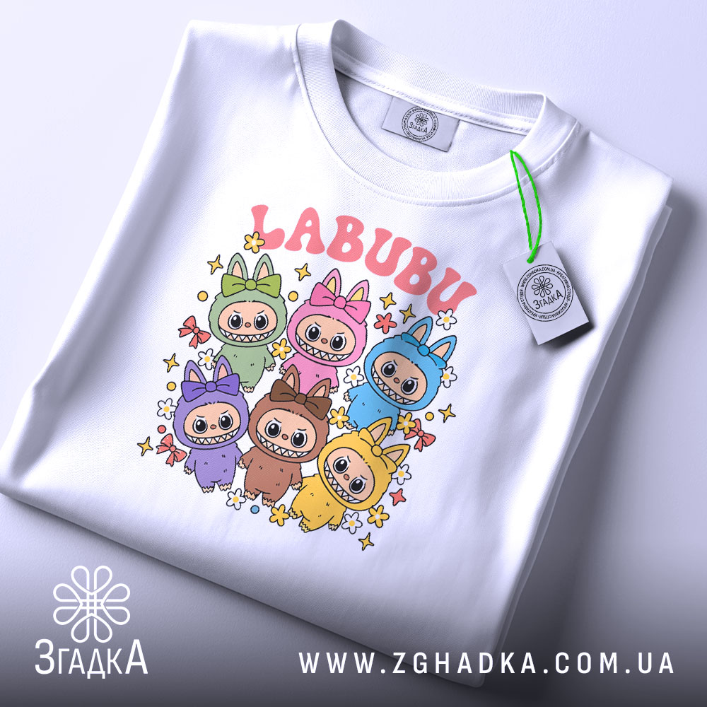 Футболка labubu білого кольору, складена на поверхні, з видимим етикеткою, фон світло-сірий, принт з кольоровими персонажами та написом 'LABUBU' у верхній частині.