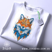 Футболка лисиця білого кольору, складена на столі, з принтом лисиці, фон світло-сірий, на футболці є етикетка з зеленим шнурком, деталі принта яскраві та кольорові.