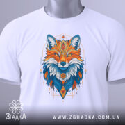 Футболка лисиця білого кольору, складена на столі, з принтом лисиці, фон світло-сірий, на футболці є етикетка з зеленим шнурком, деталі принта яскраві та кольорові.