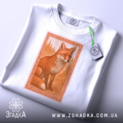 Футболка лисиця білого кольору, складена на столі, з верхнього ракурсу. Принт зображає лисицю в оранжевих тонах, оформлений в рамку, поряд з етикеткою на зеленому шнурку.