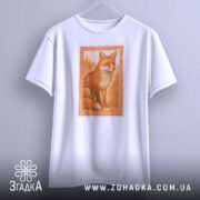 Футболка лисиця білого кольору, підвішена на вішалці, з фронтального ракурсу. Принт зображає лисицю в оранжевих тонах на фоні лісу, оформлений в рамку.