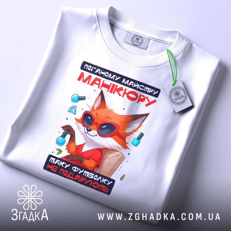 Футболка манікюр з характером, біла, складена на поверхні, фон світло-сірий, принт з лисом у сонцезахисних окулярах, текст червоний і чорний, на футболці є етикетка з логотипом.