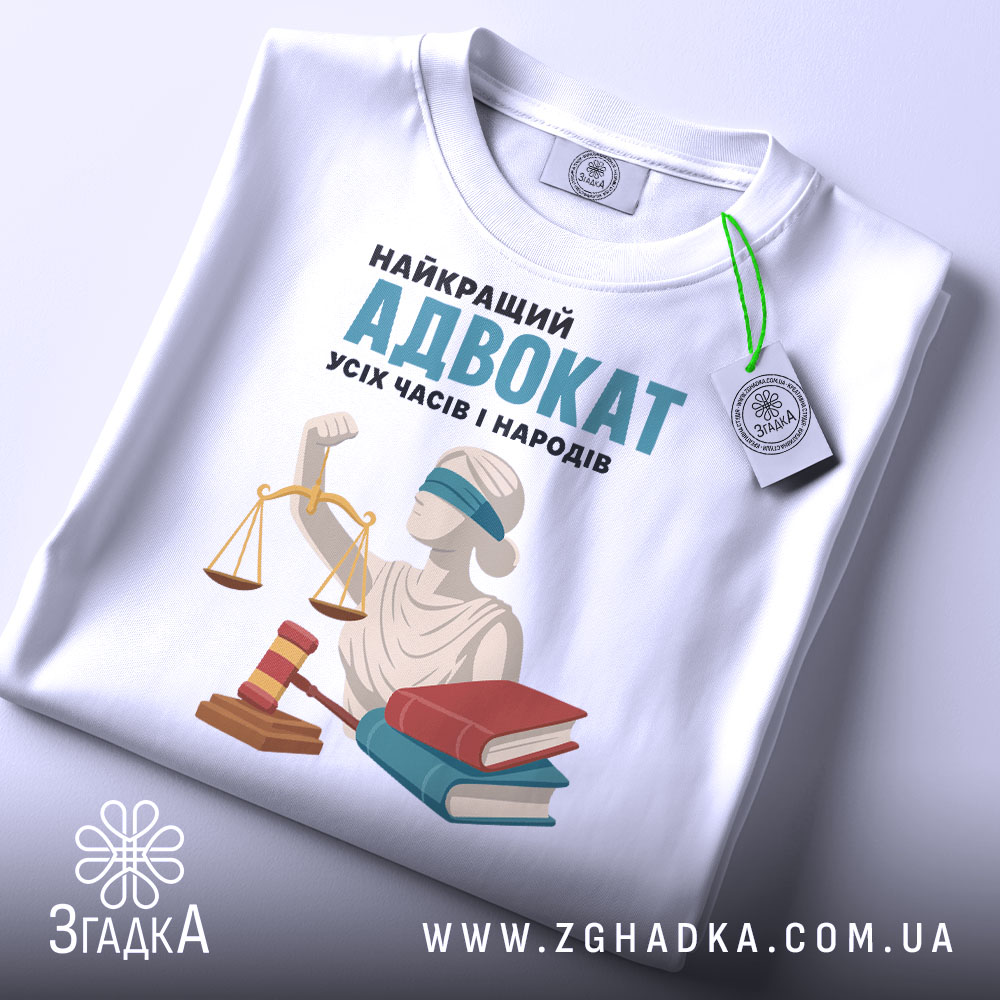 Футболка найкращий адвокат, біла, складена на плоскій поверхні, фон світло-сірий, принт зображує статую правосуддя, червоний молоток та дві книги, напис: 'НАЙКРАЩИЙ АДВОКАТ УСІХ ЧАСІВ І НАРОДІВ', на футболці є зелений етикет.