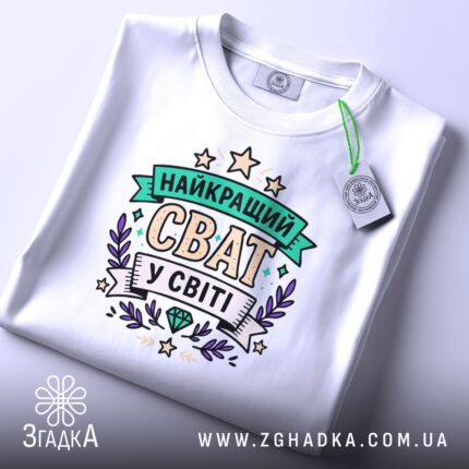 Футболка найкращий сват, біла, складена на плоскій поверхні, фон світло-сірий, принт з написом 'НАЙКРАЩИЙ СВАТ У СВІТІ' в кольорах зеленого, фіолетового та жовтого, з етикеткою на зеленому шнурку.