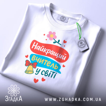 Футболка найкращий вчитель, біла, складена на поверхні, фон світло-сірий, принт яскравий з текстом та елементами декору, прикріплена етикетка.