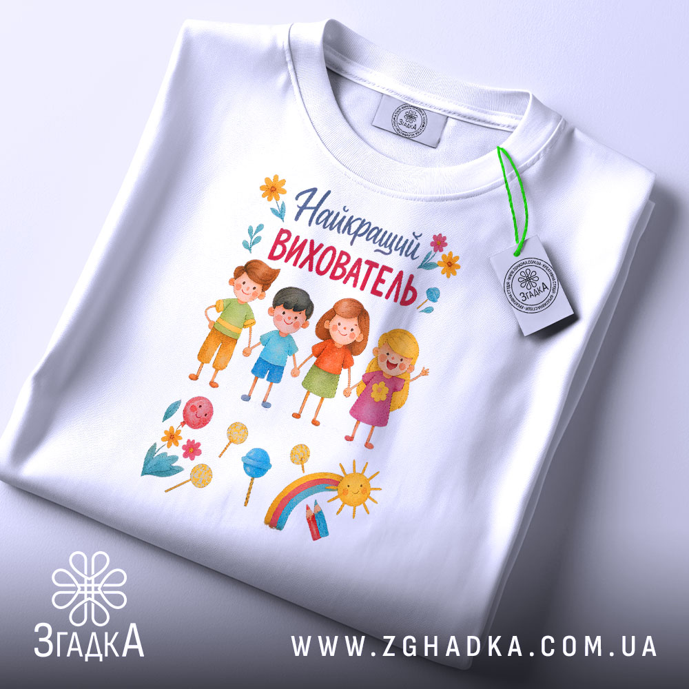Футболка найкращий вихователь, білого кольору, складена на поверхні, фон світлий, принт зображує чотирьох дітей, кольорові елементи, такі як цукерки та квіти, а також етикетка з зеленим шнурком.