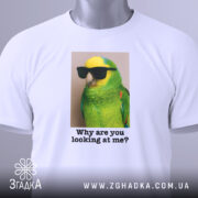 Футболка папуга у окулярах, біла, складена на поверхні, фон світло-сірий, принт з зеленим папугою в окулярах, текст під ним: 'Why are you looking at me?', на футболці є етикетка з зеленим шнурком.