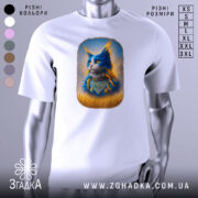 Футболка патріотичний кіт, біла, зображення кота з яскравими синіми і помаранчевими деталями, ракурс спереду, фон світло-сірий, принт з котом у національному вбранні на фоні жовтого поля.