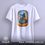 Футболка патріотичний кіт, біла, зображення кота з яскравими синіми і помаранчевими деталями, ракурс спереду, фон світло-сірий, принт з котом у національному вбранні, футболка підвішена на вішалці.