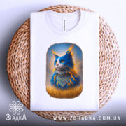 Футболка патріотичний кіт, біла, зображення кота з яскравими синіми і помаранчевими деталями, ракурс зверху, фон світло-сірий, принт з котом у національному вбранні, футболка лежить на плетеній основі.