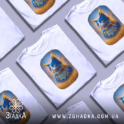 Футболка патріотичний кіт, біла, зображення кота з яскравими синіми і помаранчевими деталями, ракурс спереду, фон світло-сірий, принт з котом у національному вбранні на фоні жовтого поля.