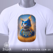 Футболка патріотичний кіт, біла, зображення кота з яскравими синіми і помаранчевими деталями, ракурс зверху, фон світло-сірий, принт з котом у національному вбранні, на футболці є етикетка з зеленим шнурком.