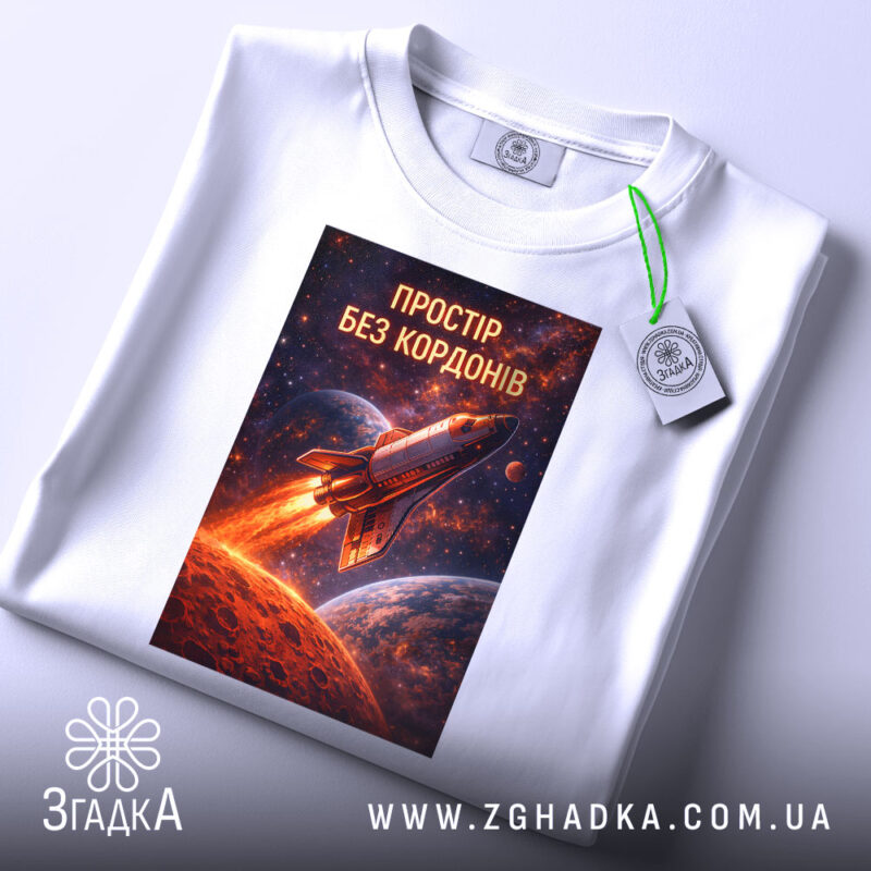 Футболка простір без кордонів, білого кольору, складена на поверхні, фон світлий, принт з ракетою у космосі, з яскравими кольорами, з етикеткою на шнурку.