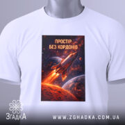 Футболка простір без кордонів, білого кольору, складена на поверхні, фон світлий, принт з ракетою у космосі, з яскравими кольорами, з етикеткою на шнурку.