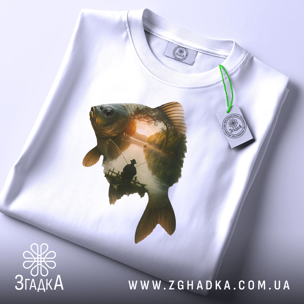 Футболка рибак на заході, складена біла футболка на світлому фоні, принт з рибою та рибалкою, етикетка з зеленим шнурком.