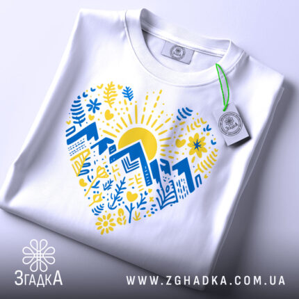 Футболка серце карпатський мотив, біла, зображена на столі, ракурс зверху, фон світло-сірий, принт з жовтим сонцем, синіми горами та рослинними візерунками, на футболці є етикетка.