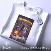 Футболка Щасливого Різдва білого кольору, складена на поверхні, фон світлий, принт з птахом та ліхтарем на снігу, текст "Щасливого Різдва" у верхній частині принта, на футболці є етикетка.