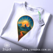 Футболка шлях до пригод. Біла футболка з принтом у вигляді геолокаційної позначки, на якій зображені гори та сонце, складена на столі з нейтральним фоном. На футболці видно етикетку з зеленим шнурком.