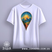 Футболка шлях до пригод. Біла футболка з принтом у вигляді геолокаційної позначки, на якій зображені гори та сонце, підвішена на вішалці з нейтральним фоном. Принт яскравий і детальний.