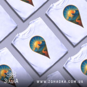 Футболка шлях до пригод. Біла футболка з принтом у вигляді геолокаційної позначки, на якій зображені гори та сонце, з яскравими кольорами на фоні. Футболка представлена на манекені з нейтральним фоном.