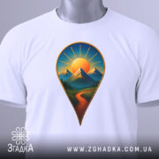 Футболка шлях до пригод. Біла футболка з принтом у вигляді геолокаційної позначки, на якій зображені гори та сонце, складена на столі з нейтральним фоном. На футболці видно етикетку з зеленим шнурком.