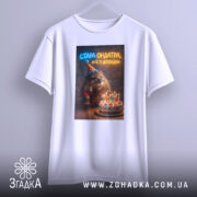 Футболка стара ондатра, біла, зображена в анфас, на фоні світлого градієнта, принт з ведмедем у святковому капелюшку, що тримає келих з вином, поряд з тортом з свічками.