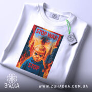Футболка Stop War арт, біла, складена на поверхні, фон світло-сірий, принт з зображенням дитини з серйозним виразом обличчя, на фоні вогню та будівель, текст "STOP WAR" у верхній частині принта, з етикеткою на комірці.
