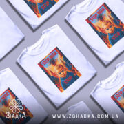 Футболка Stop War арт, біла, зображена на манекені, фон світло-сірий, принт з зображенням дитини з серйозним виразом обличчя, на фоні вогню та будівель, текст "STOP WAR" у верхній частині принта.