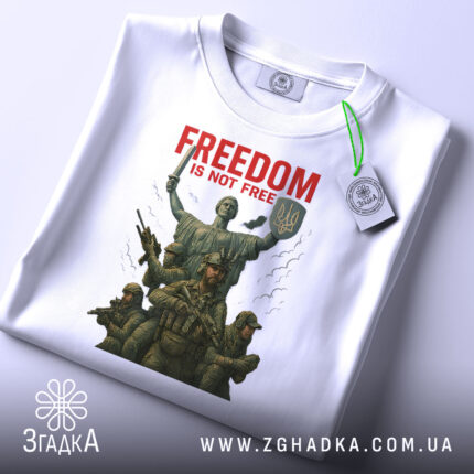 Футболка свобода не дарма, біла, складена на поверхні, фон світло-сірий, принт з зображенням статуї Свободи та військових, текст 'FREEDOM IS NOT FREE' червоним кольором, з етикеткою на зеленому шнурку.