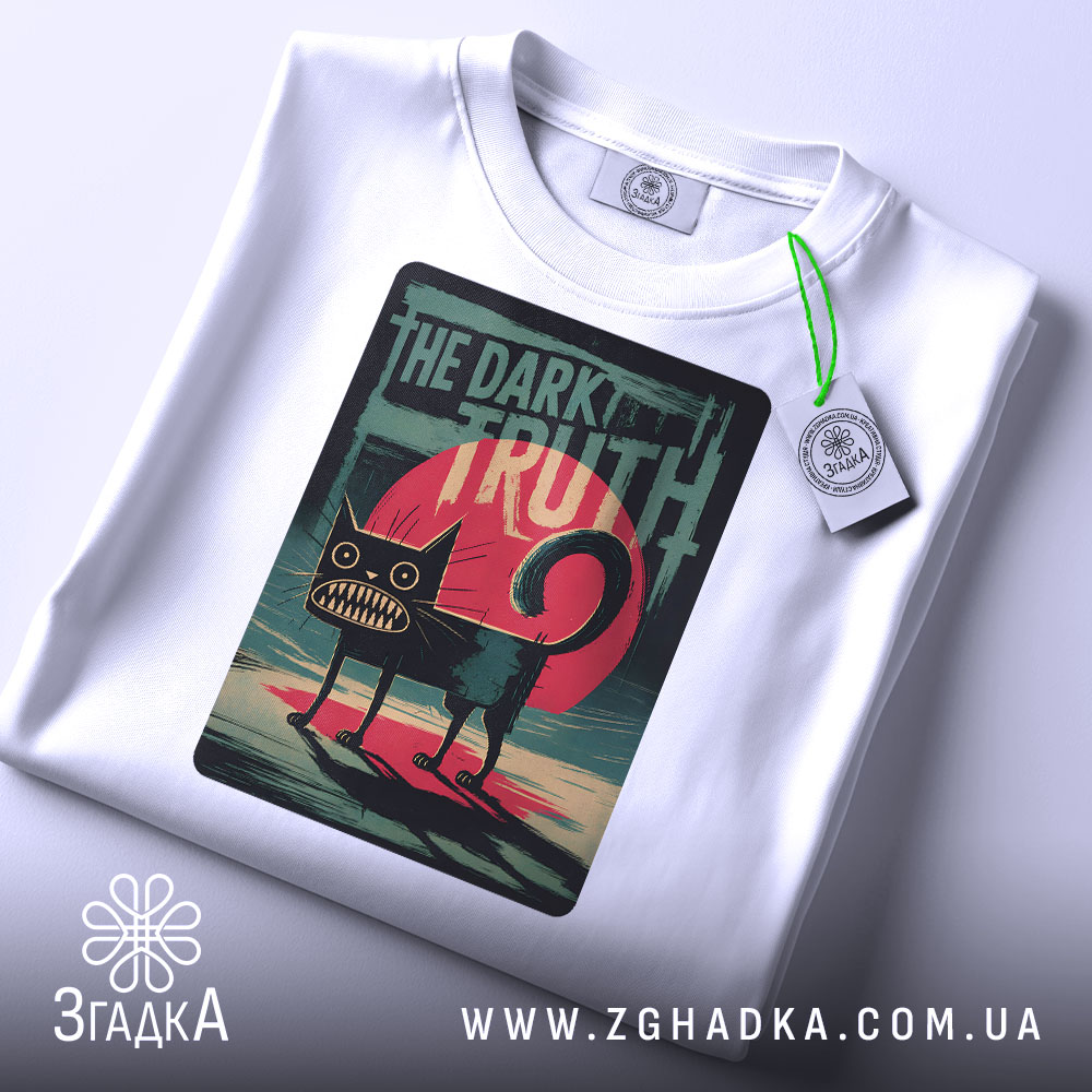 Футболка темна правда, біла, складена на столі, фон світло-сірий, принт з чорним котом на червоному фоні з написом 'THE DARK TRUTH', на комірці бирка з зеленим шнурком.