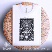 Футболка темний демон, біла, складена на плетеній кошику, фон світло-сірий, принт з чорними деталями, на якому зображений демон, ведмедик і черепи.