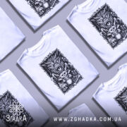 Футболка темний демон, біла, зображена на манекені, фон світло-сірий, принт з чорними деталями, на якому зображений демон з відкритим ротом, а також ведмедик і черепи.