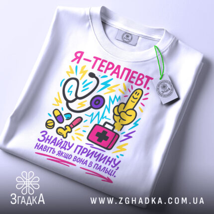 Футболка терапевт білого кольору, складена на плоскій поверхні, фон світло-сірий, принт кольоровий, зображає стетоскоп, пальця вказівника, медичну сумку та інші медичні предмети, текст на футболці українською мовою, прикріплена етикетка з логотипом.