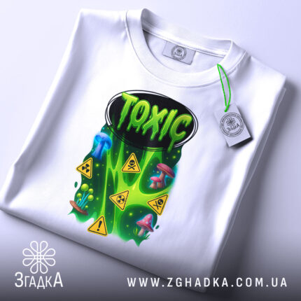 Футболка toxic гриби, біла, зображена зверху, фон світло-сірий, принт яскравий з грибами та знаками небезпеки, на футболці є етикетка з зеленим шнурком.