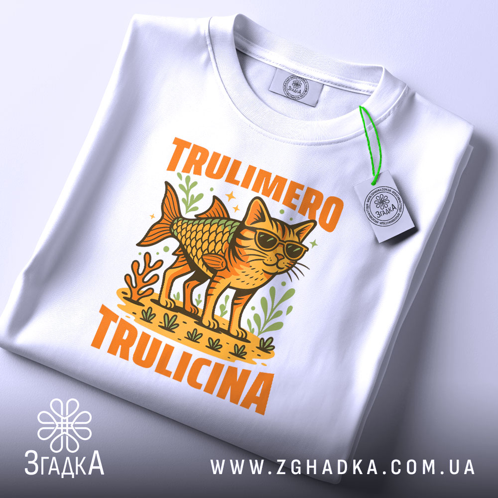 Футболка Trulimero Trulicina білого кольору, складена на столі, фон світло-сірий, принт з котом у сонцезахисних окулярах і риб'ячим тілом, оточений зеленими рослинами, текст 'TRULIMERO TRULICINA' яскраво-оранжевого кольору, на футболці є етикетка з зеленим шнурком.