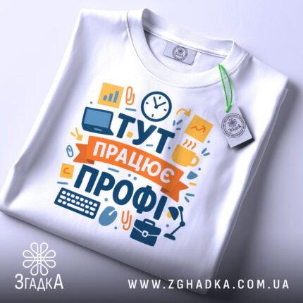 Футболка тут працює профі. Біла футболка, складена на столі, з видимим принтом. Зображення з верхнього ракурсу, фон світло-сірий, на футболці є етикетка з зеленим шнурком.