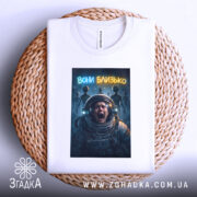 Футболка вони близько, біла, зображена на плетеному кошику, фон світло-сірий, принт з космонавтом, який кричить, на фоні силуети прибульців і написом 'вони близько'.