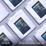 Футболка вони близько, біла, зображена на манекені, фон світло-сірий, принт з космонавтом, який кричить, на фоні силуети прибульців і написом 'вони близько'.