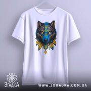 Футболка вовк білого кольору, підвішена на вішалці, з принтом вовка в синіх та жовтих тонах, фон світло-сірий, деталі принта включають тризуб та пір'я.