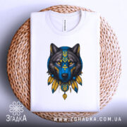 Футболка вовк білого кольору, складена на плетеній кошику, з принтом вовка в синіх та жовтих тонах, фон світло-сірий, деталі принта включають тризуб та пір'я.