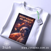 Футболка всесвіт більший, біла, зображена зверху, на фоні світло-сірого, принт з космічним астронавтом, прикріплена етикетка зеленого кольору, деталі принта яскраві та контрастні.