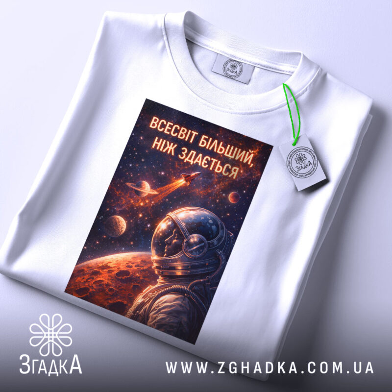 Футболка всесвіт більший, біла, зображена зверху, на фоні світло-сірого, принт з космічним астронавтом, прикріплена етикетка зеленого кольору, деталі принта яскраві та контрастні.