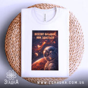 Футболка всесвіт більший, біла, зображена зверху на плетеному кошику, фон білий, принт з космічним астронавтом, яскраві кольори принта на темному фоні.