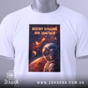 Футболка всесвіт більший, біла, зображена зверху, на фоні світло-сірого, принт з космічним астронавтом, прикріплена етикетка зеленого кольору, деталі принта яскраві та контрастні.