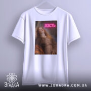 Футболка жесть класика, біла, підвішена на вішалці, фон світло-сірий, принт з дівчиною, яка дивиться вгору, з написом 'ЖЕСТЬ' у неоновому стилі.
